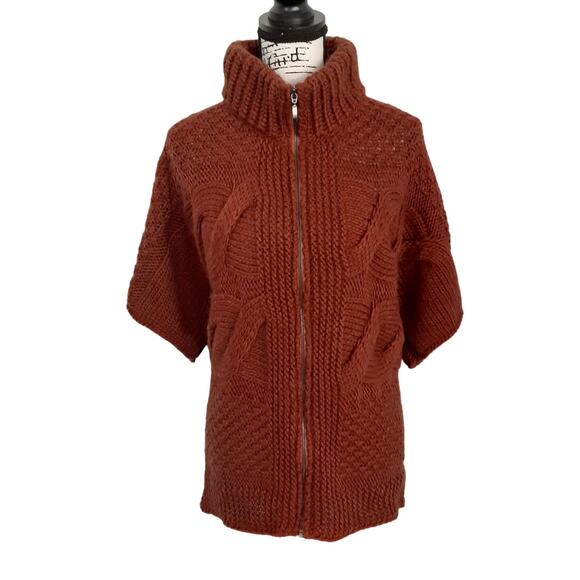 ElsaManda Alpaca Wool Cable Knit Sweater Full Zip Rust Orange OS Made in Italy - Picture 2 of 9